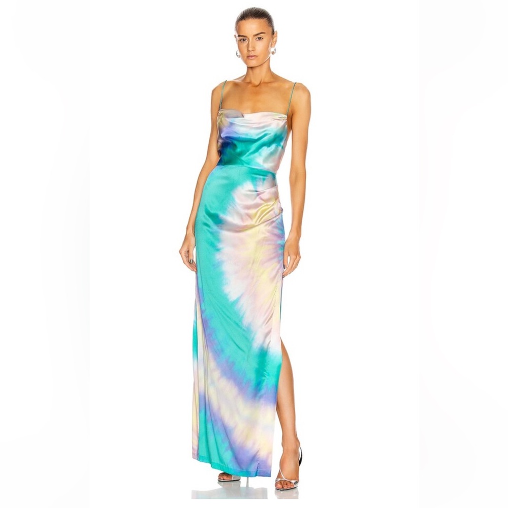 Retrofete Marelene colorful tie dye silk maxi Gown slit cowl neckline MEDIUM